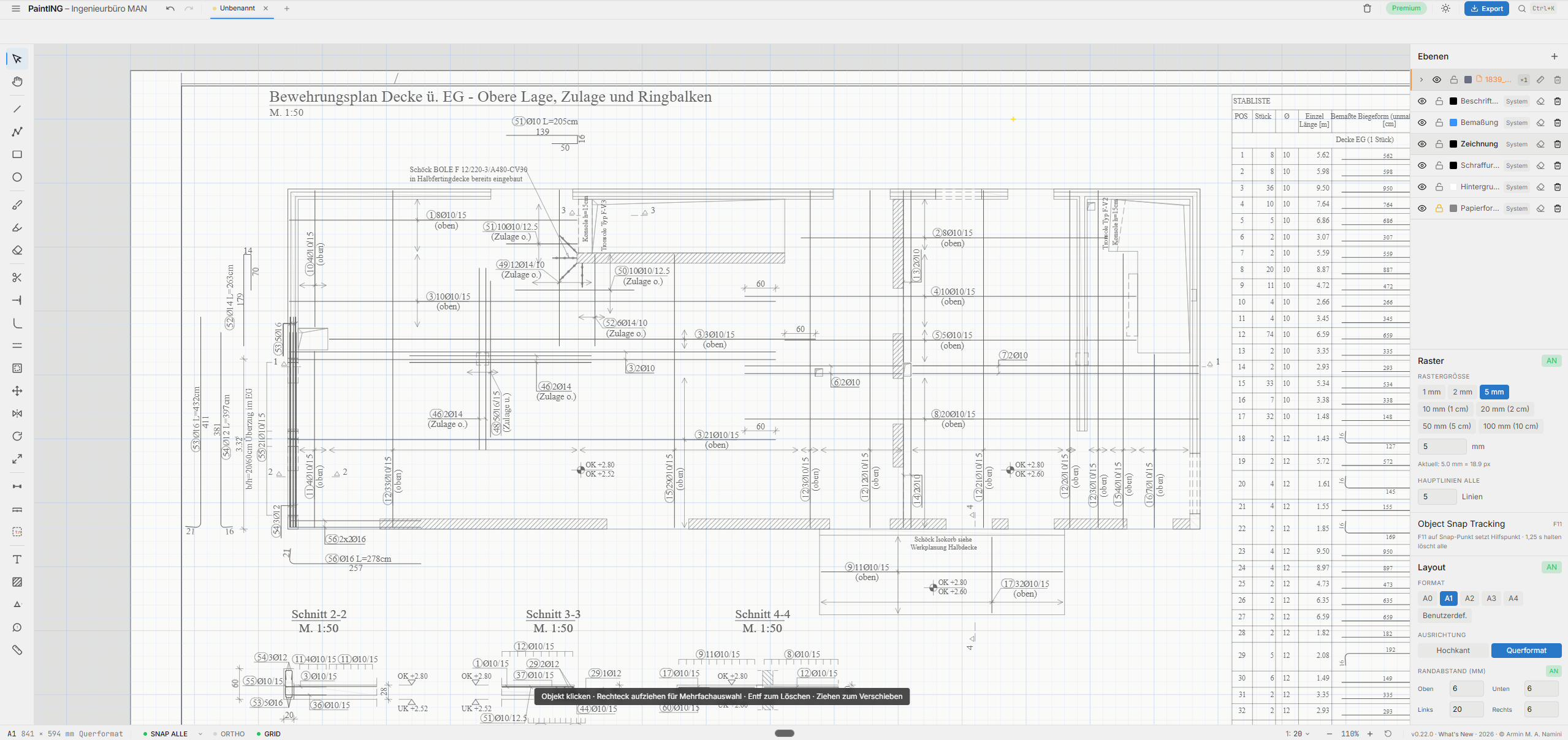 PaintING CAD-Software Screenshot – Bewehrungsplan
